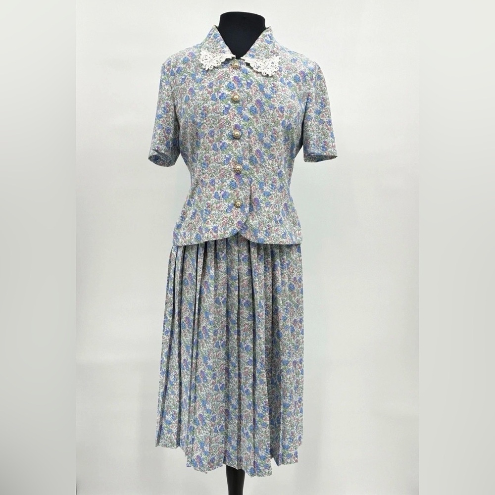 Leslie Fay Vintage Grandma Golden Girls 90s Top Blouse Skirt Set Floral 8 Petite